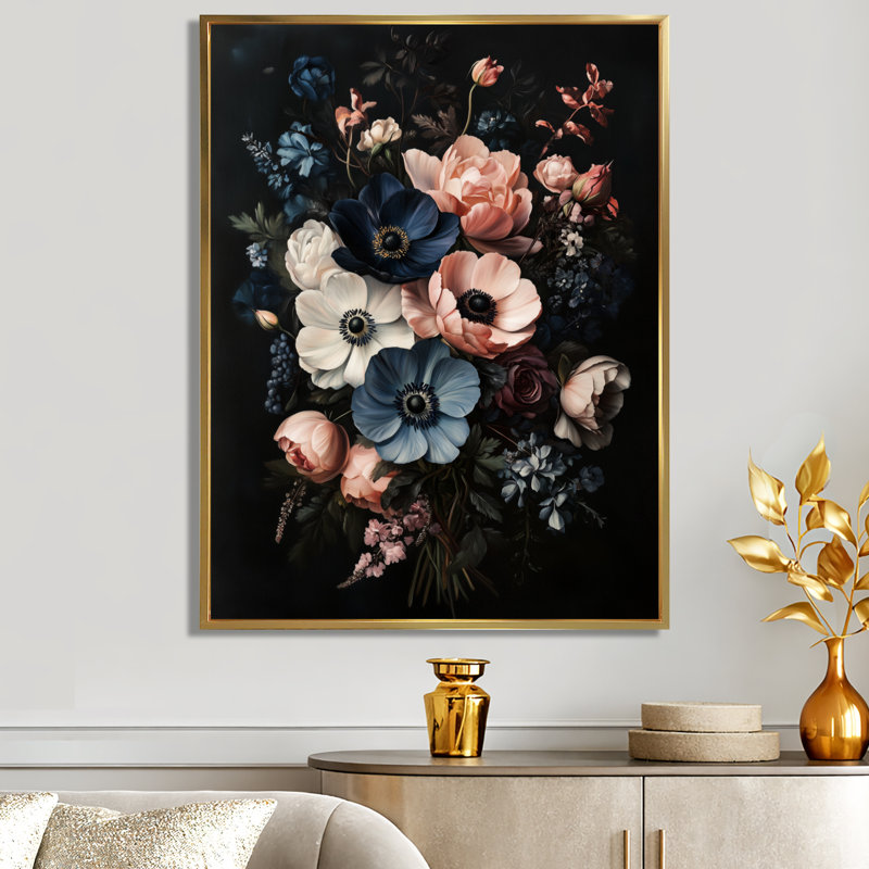 Bouquet d'anémones de minuit - Décoration murale sur toile encadrée à motif floral, H 32 po x l 24 po, Cadre flottant doré