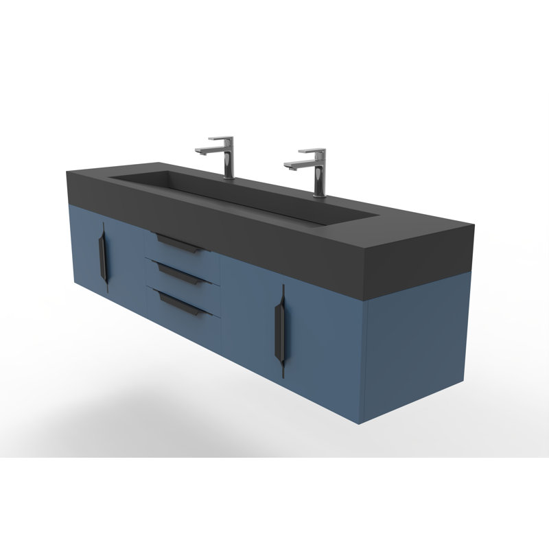Nile 72" Wall-Mounted Single Bathroom Vanity Set, Black, Black, Blue