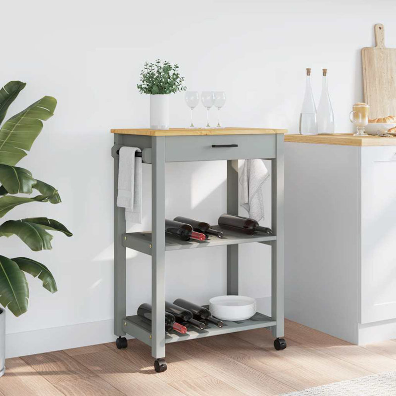 vidaXL Kitchen Trolley MONZA 23.6"x15.7"x34.8" Solid Wood Pine, Gray, Gray, 23.6" x 15.7" x 35.4"