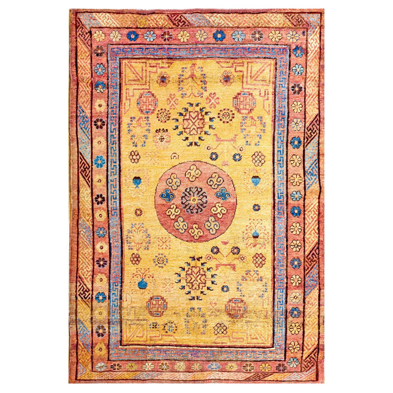 Tapis à motif de rosette et de médaillon diagonale à fond jaune étonnant