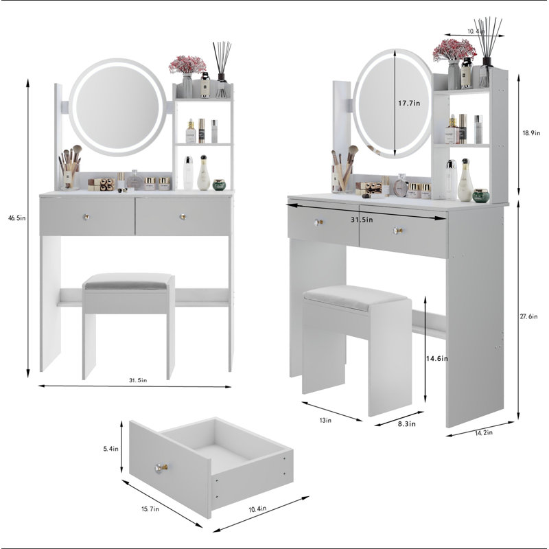 Ensemble de coiffeuse à miroir rond de 17 po à DEL et ensemble de tabourets à coussin moelleux, grand miroir, interrupteur tactile, 3 couleurs, luminosité réglable, grand bureau, rangement multicouche de grande capacité, convient aux petits espaces