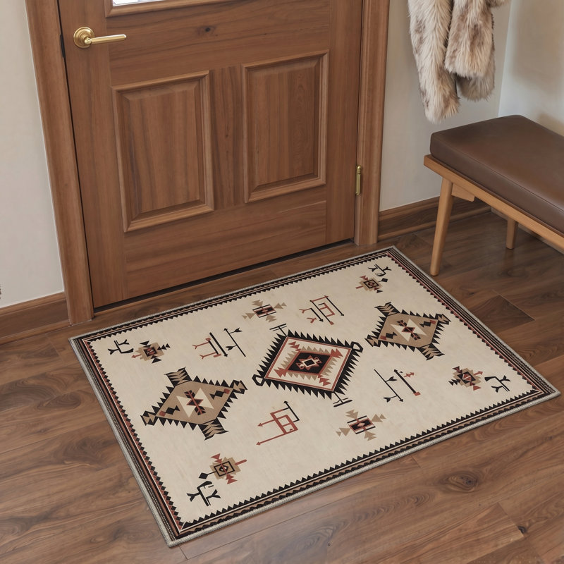 Tapis d'intérieur / beige à motif géométrique lavable à la machine avec envers antidérapant Mirage, Round 5'