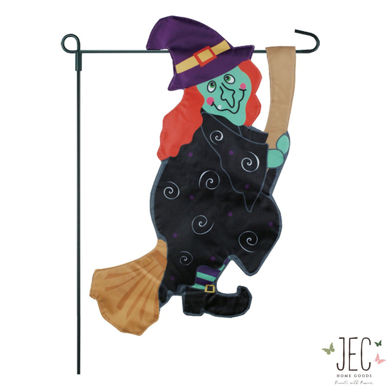 Drapeau d'Halloween en forme de balai de sorcière en polyester 18 po x 13 po Halloween