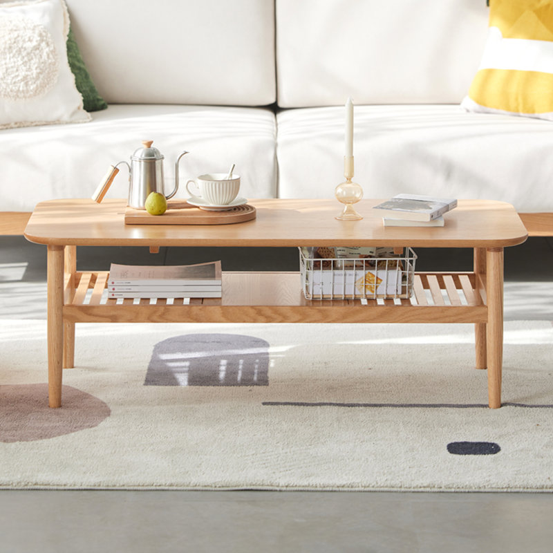 100% Solid Wood Coffee Table, 2-Tier Mid-Century Modern Coffee & Tea Table With Storage Shelf, Minimalist Living Room Table For Small Spaces, Sturdy Natural Wood Accent Table