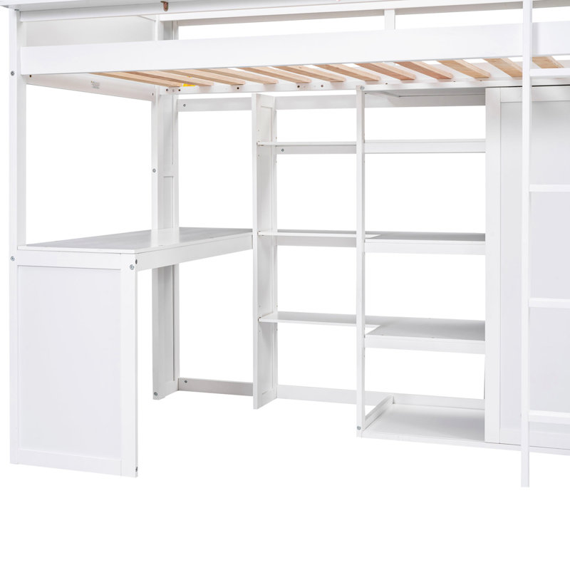 Lit mezzanine simple en bois, avec bureau de loisirs et lit de rangement, Blanc