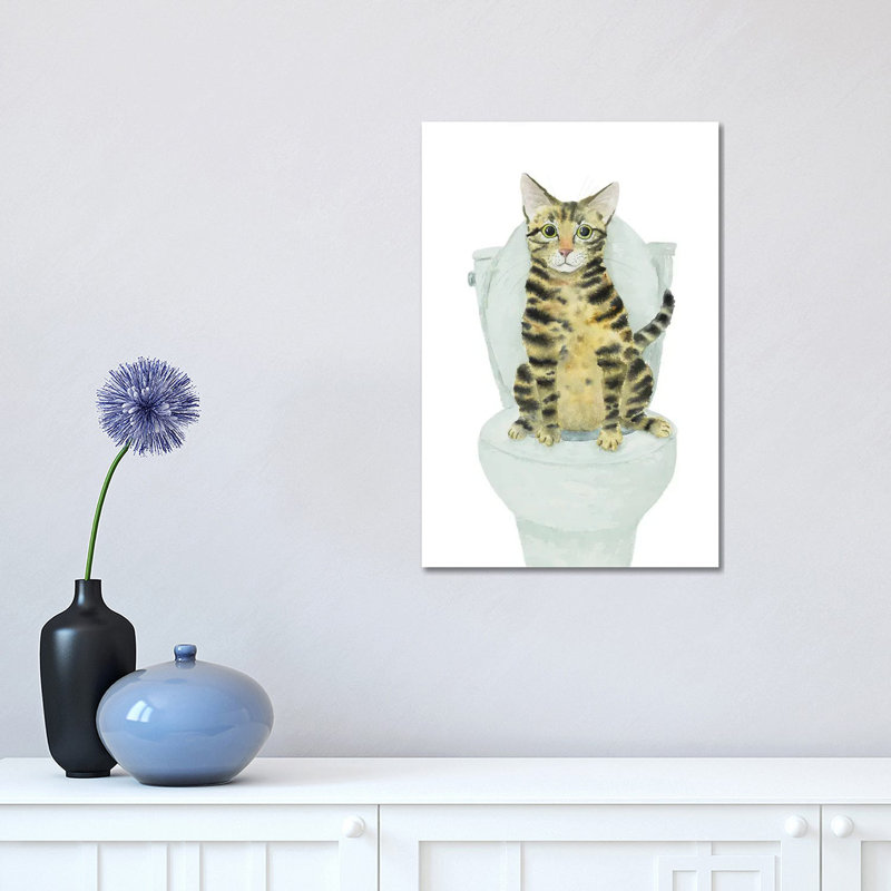 Tabby Cat Toilet Time 1 Piece Wrapped Canvas Painting, 30.48 cm H x 45.72 cm W