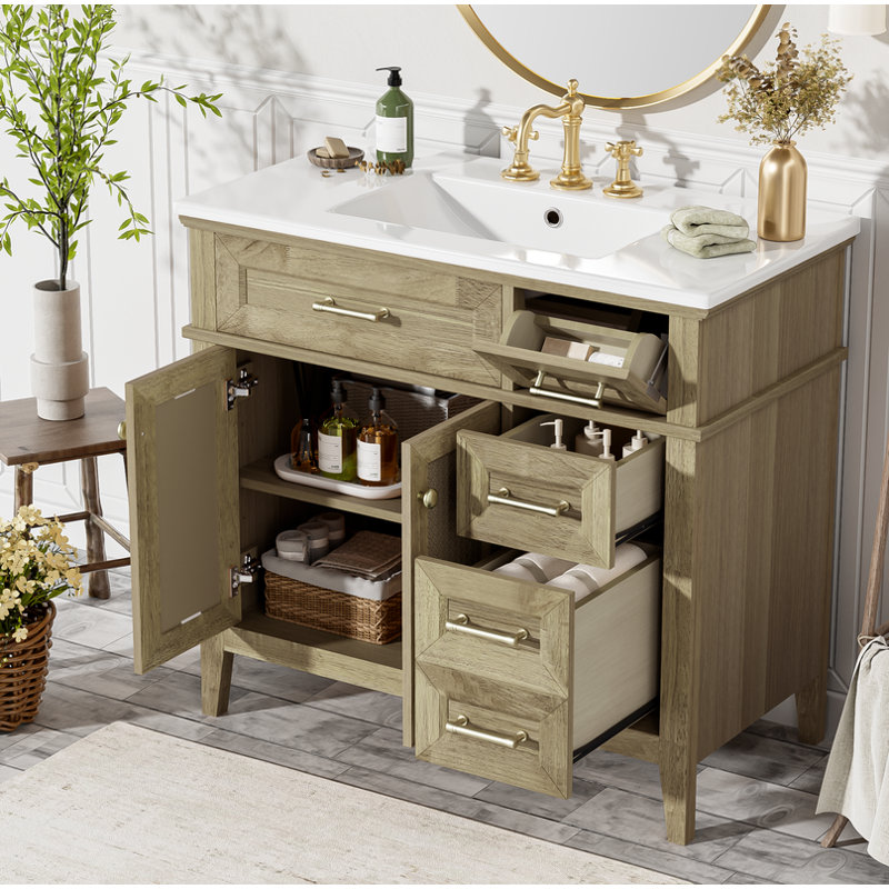 Meuble-lavabo 36 po avec lavabo en céramique, structure en bois d'hévéa, 2 portes à fermeture en douceur, 1 tiroir rabattable, 1 tiroir peu profond, 1 tiroir profond, tablette réglable, conception peu encombrante pour les petites salles de bain, chê