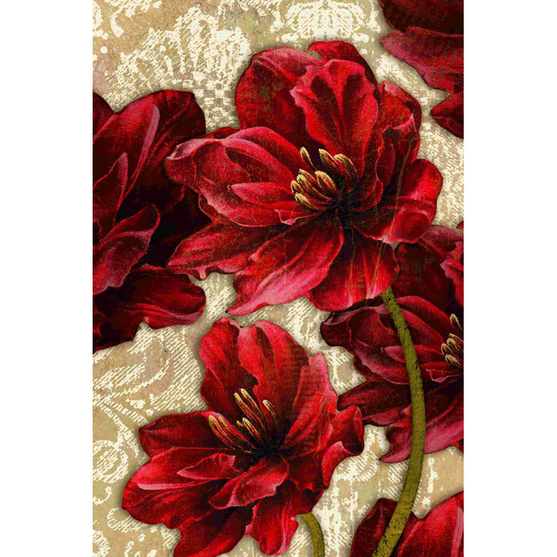 Famille de fleurs rouges - peinture sur toile tendue, H 48 po x l 32 po, Toile tendue, Non