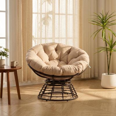Chaise pivotante à 360 ° en osier, chaise ergonomique intérieure et extérieure en rotin avec coussin moelleux épais pour le patio