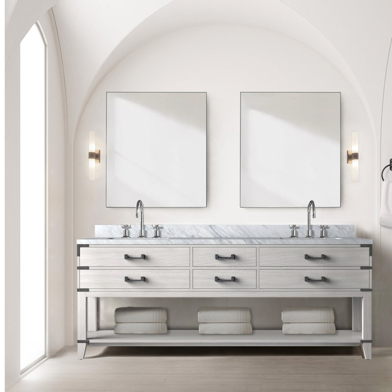 Meuble-lavabo double l 84 po x P 22 po, chêne blanc, comptoir en marbre, robinet, miroirs 22 po P avec plateau, 36 po