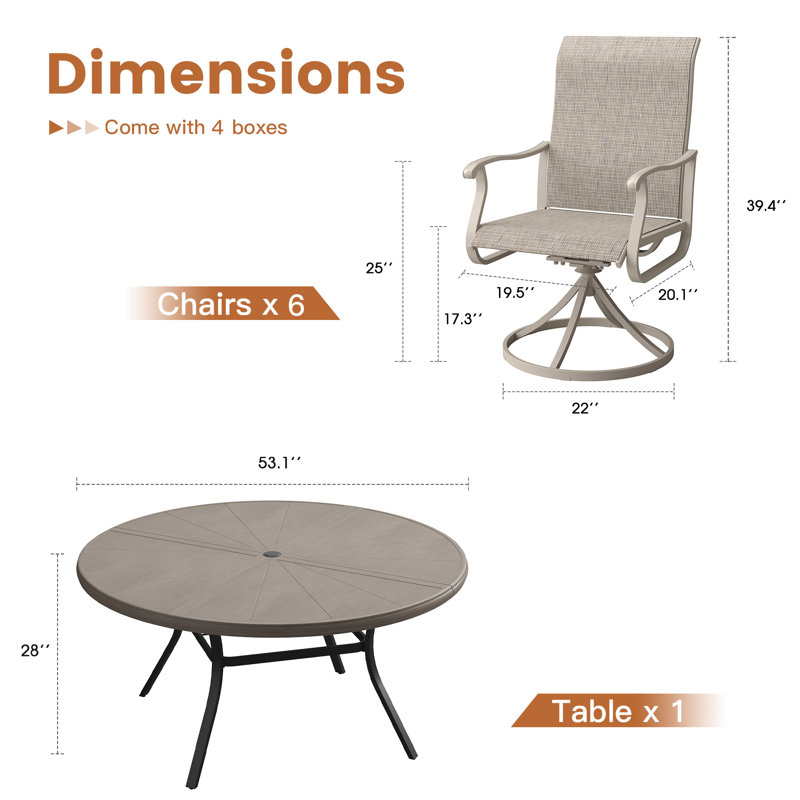 Ensemble de salle à manger en aluminium pour patio avec table de salle à manger ronde en aluminium de 53 po et 6 chaises pivotantes en textilène