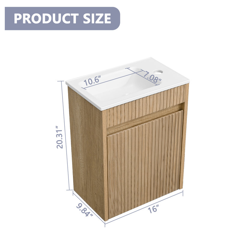 16Inch Wall-Mounted Single Bathroom Vanity With Integrated Resin Basin, Natural Oak