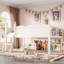 Lit mezzanine bas en bois massif pour deux enfants, avec barrières de sécurité, échelle et étagère, beige, cadre de lit mezzanine bas pour enfants-2005283824-2005283726