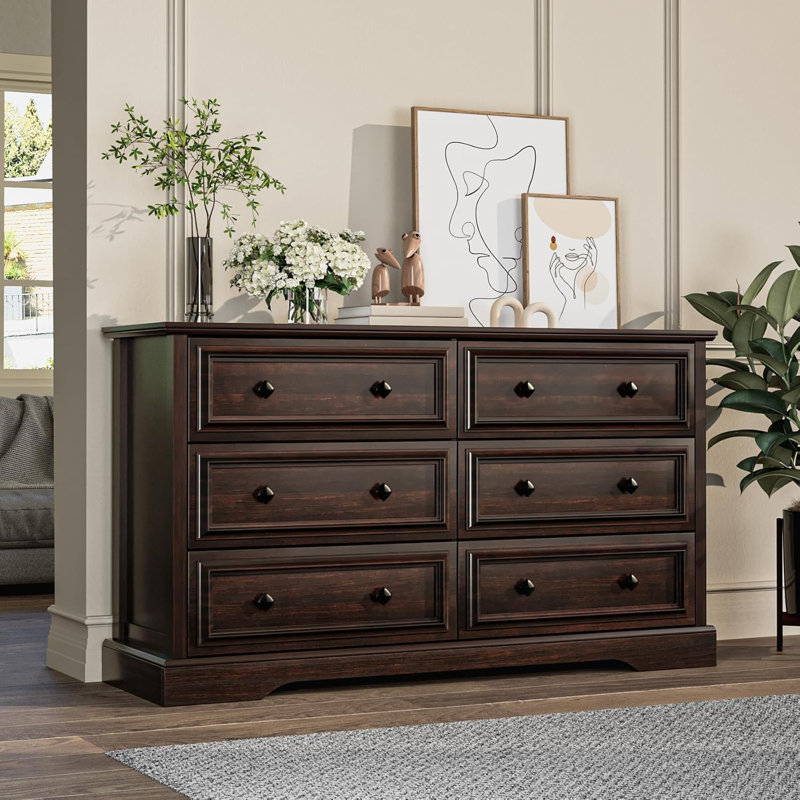 Farmhouse 6 Drawer Dresser For Bedroom, 54" Wide, Cherry