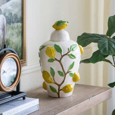 Vase en céramique blanc 8,7 x 8,7 x 15 po - accents de vigne jaune vif citron et vert, décor 100% céramique 4,4 lb pour le salon / la cuisine / la salle à manger