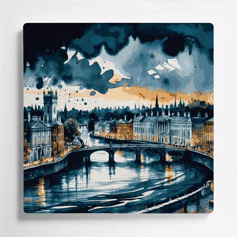 Art mural bleu en métal avec villes de Dublin en Irlande, H 16 po x l 16 po