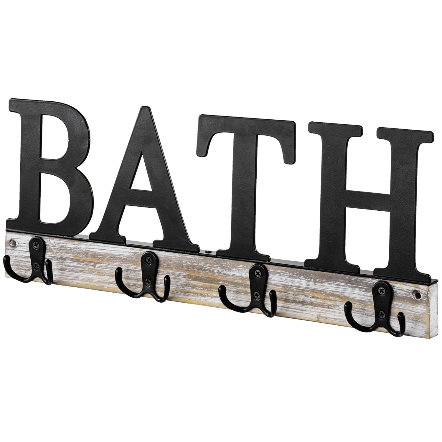 Torched Wood Hook Towel Rack - Decorative Towel Cut Out Letters w/ 5  Dual-Hooks 