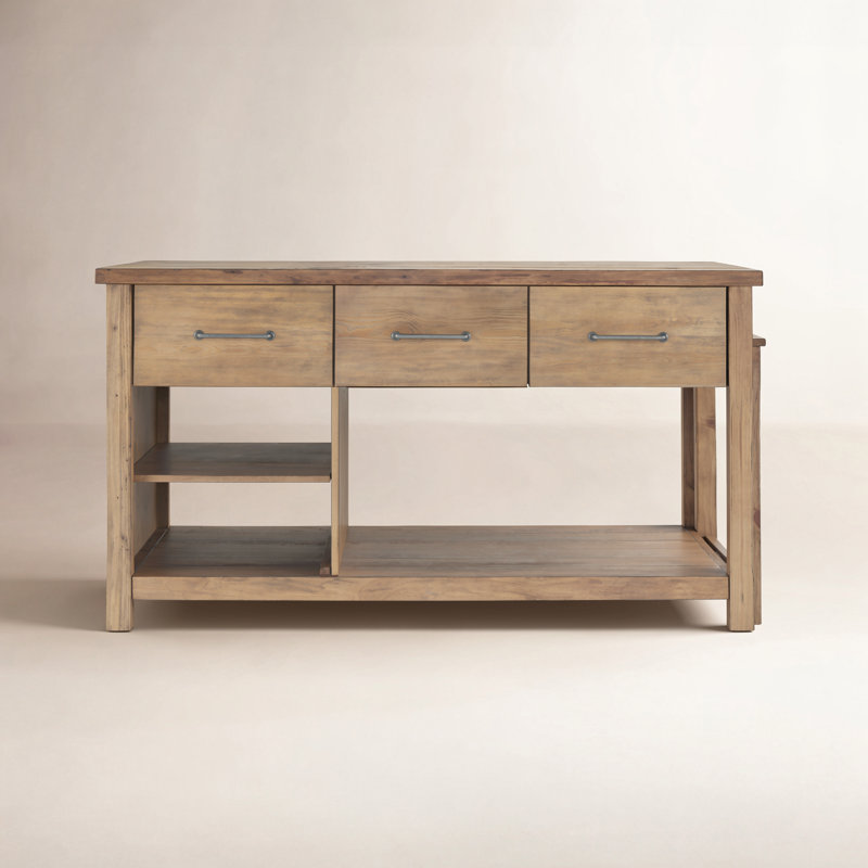 Tinka 3-Drawer Rectangle Pine Kitchen Island, Carbonized Pine, Natural