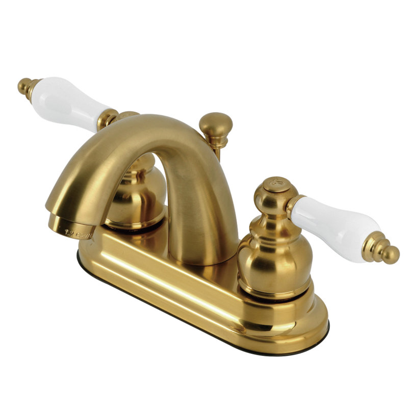 Kingston Brass Restoration Two-Handle 3-Hole Deck Mount 4" Centerset Bathroom Faucet, Brushed Brass
