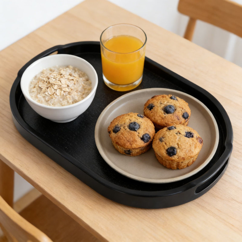 Wood Grain Ottoman Serving Tray With Handles, Spill-Proof Raised Edge, Non-Slip Pads, Durable ABS Plastic Butler Tray For Breakfast In Bed, Coffee Table, Sofa, And Home Decor