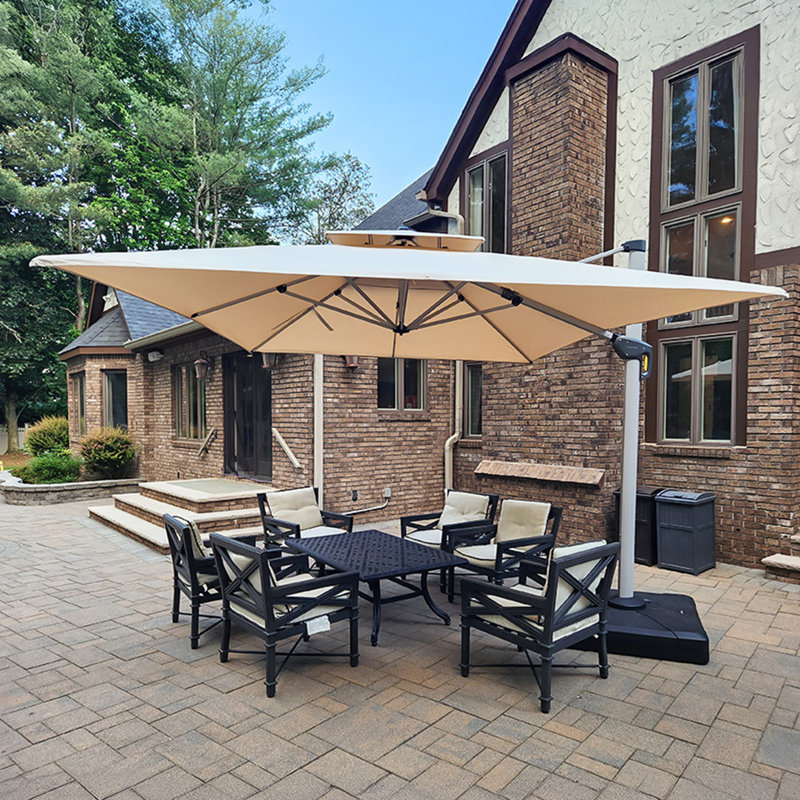 Parasol d'extérieur carré en porte-à-faux double 12 pi avec base et housse de parasol, beige, Beige