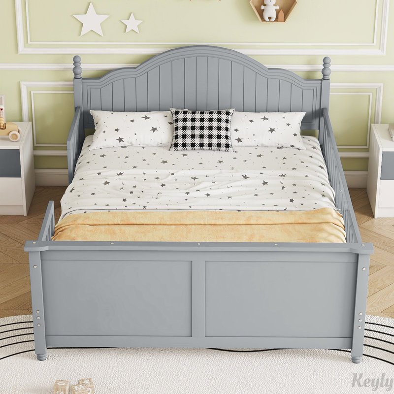 Lit plateforme double en bois avec tête et pied de lit, clôture, gris, Double