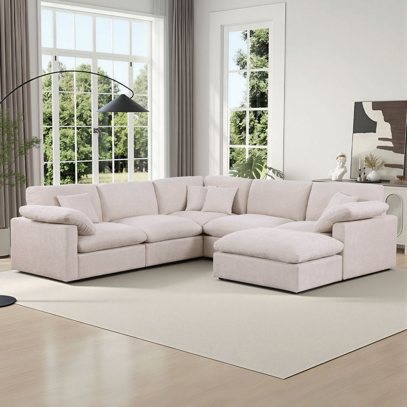 Aldora U Shape 6 Piece Upholstered Sectional Sofa Cloud Couch With Removable Ottoman  Living Room Sets, Beige