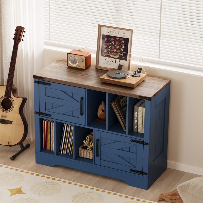 39" Farmhouse Record Player Stand with Vinyl Storage, Large Turntable Table Cabinet Holds Up to 450 Albums, Wood Media Console with 2 Barn Doors & 6 Open Cubbies, Rustic Vinyl Display for Living Room