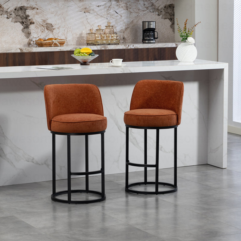 Counter Height Bar Stools Set of 2, Modern Barrel Design with Backrest, Linen Upholstered for Kitchen Island Comfort, Orange