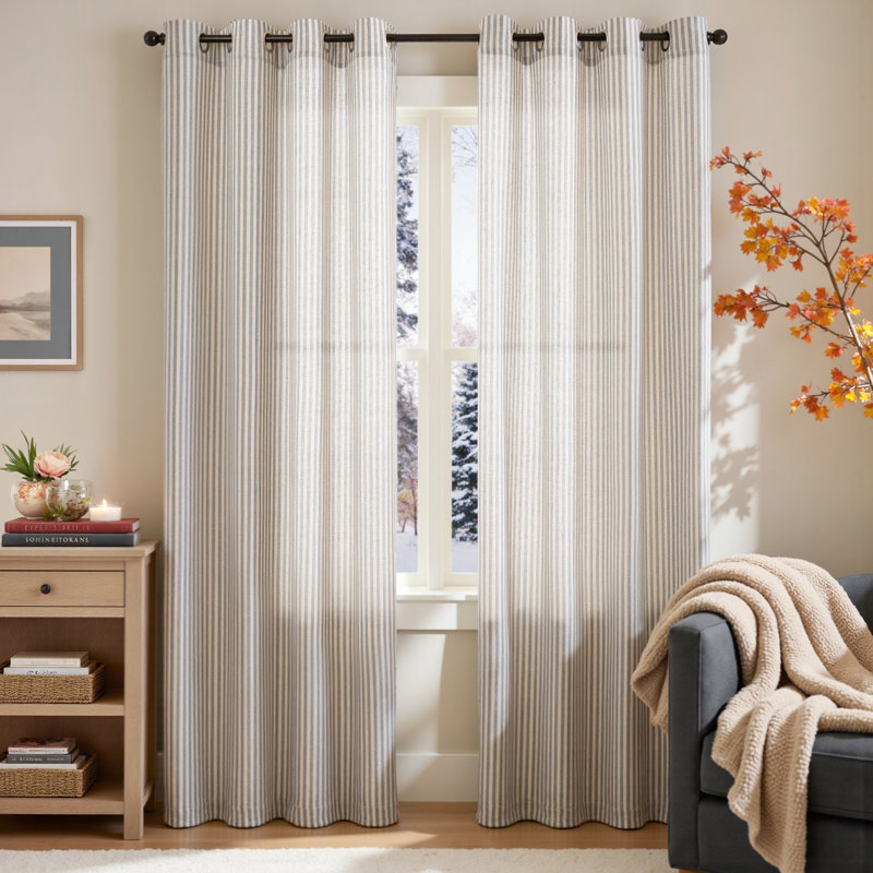 Grommet Linen Semi-Sheer Striped Curtains, Gray, 50" W x 84" L