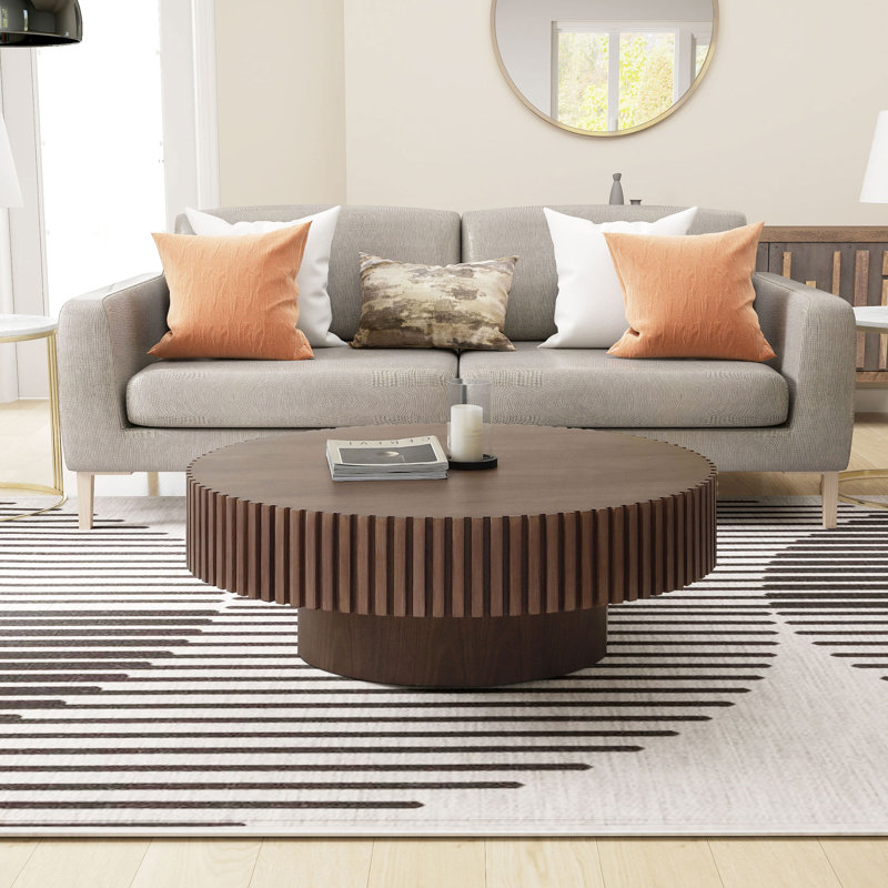 Ansel Round Pedestal Coffee Table with Ribbed Detailing, 13.77" H x 31.49" L x 31.49" W, Walnut