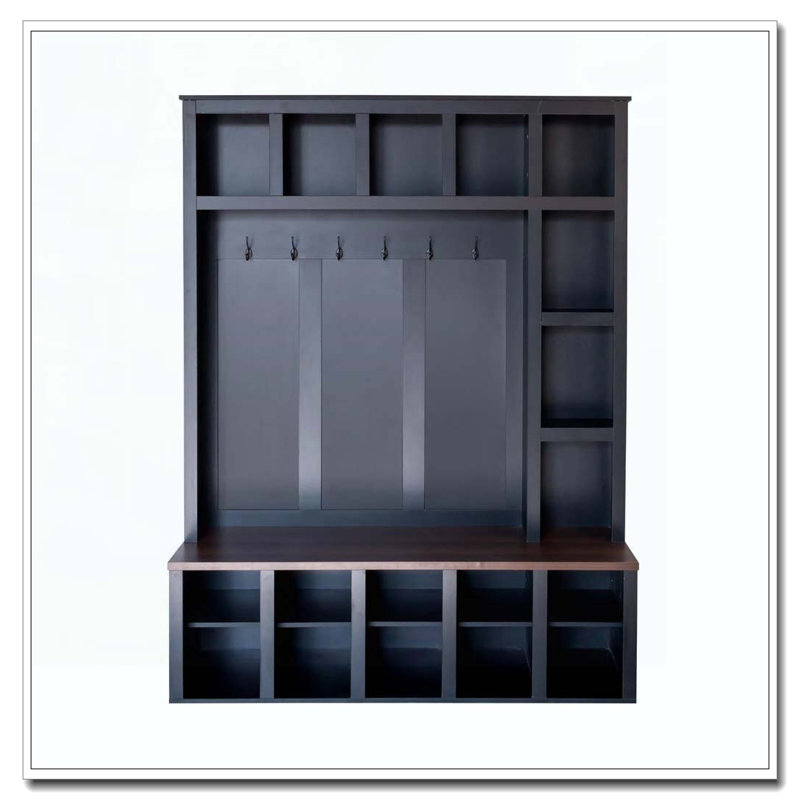 Hall Tree with 6 Hooks, Practical Walnut Storage Bench with Adjustable Shelves, Black