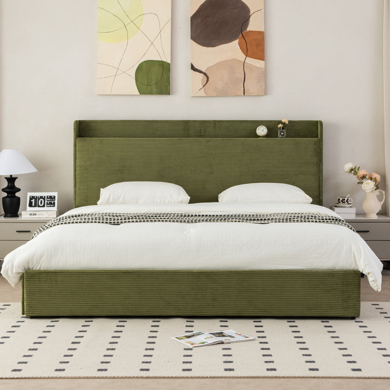 Lit plateforme tapissier avec 4 tiroirs de rangement et tête de lit, Très grand, Vert