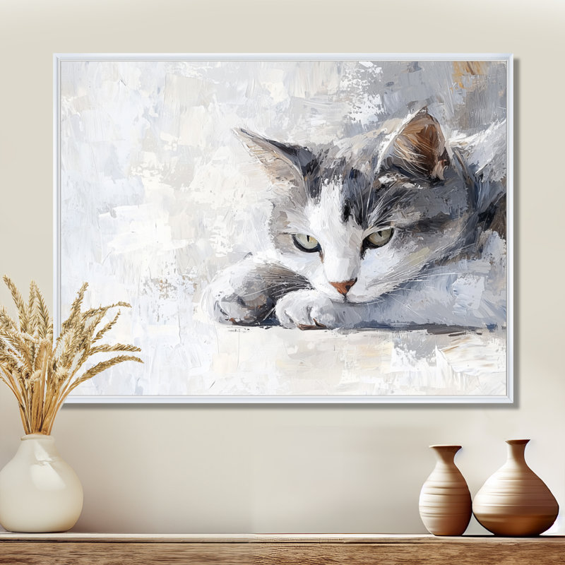 Décoration murale chats - regard de chat, H 16 po x l 32 po, Impression dans un cadre flottant sans passe-parto, Blanc