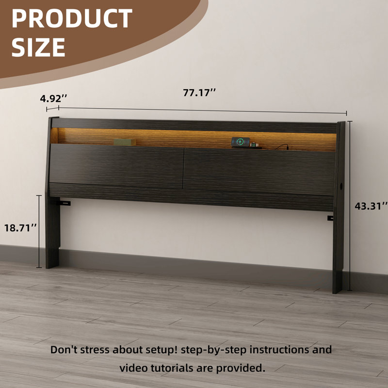 King Size Headboard With Led Lights, Storage Cabinet & Built-in Charging Station, Modern Wooden Headboard With Baseboard Groove Design, Easy Assembly