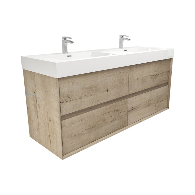 59'' Double Bathroom Vanity with Top, Light Oak