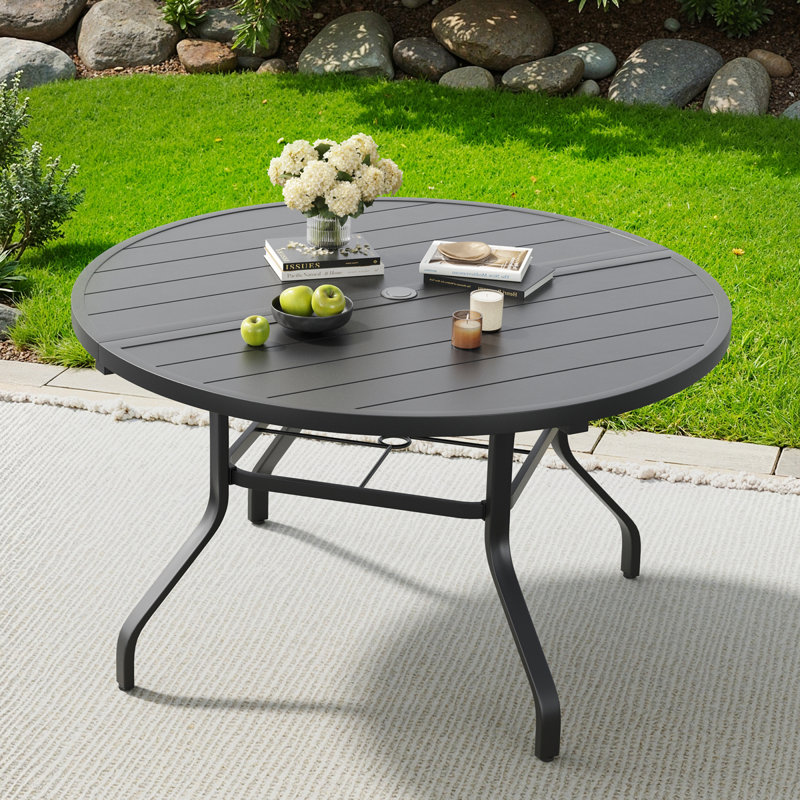 Patio Tables 47 In Metal Round, Modern Slat Top For Backyard Poolside