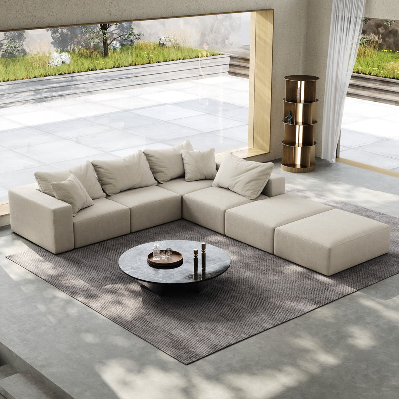 Canapé modulaire en forme de L, revêtement moderne. Chenille beige, rembourrage en mousse. 6 coussins. Combinaison. Aucun assemblage requis pour un très grand ensemble de chambre à coucher, requis