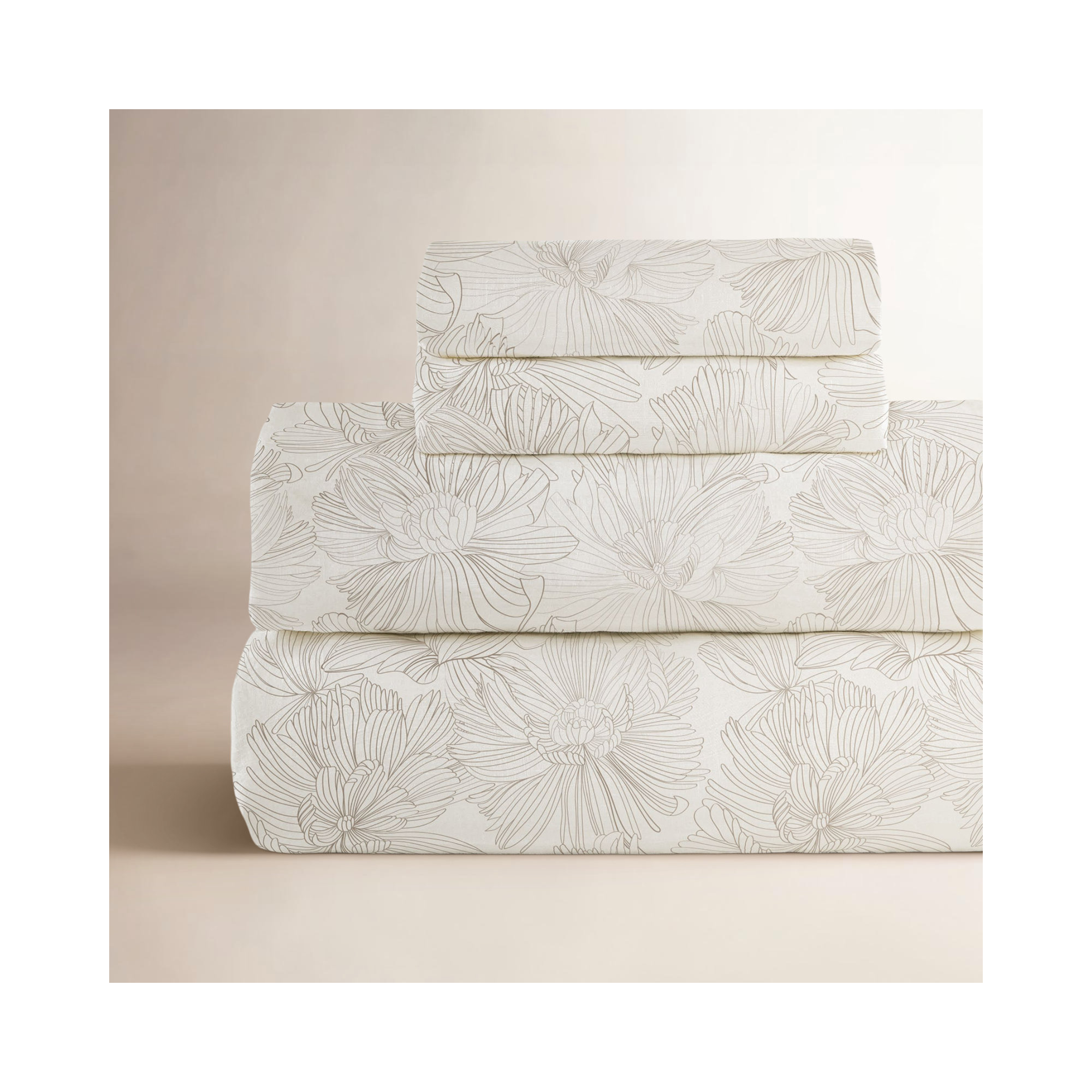 100% French Linen Sheet Set, Cream/Putty Floral, King Sheet Set with 2 Pillowcases