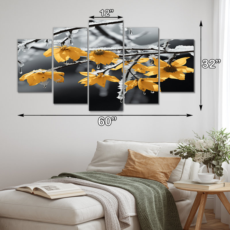 Élégance jaune et grise II - décor mural paysage d'hiver - 5 panneaux
