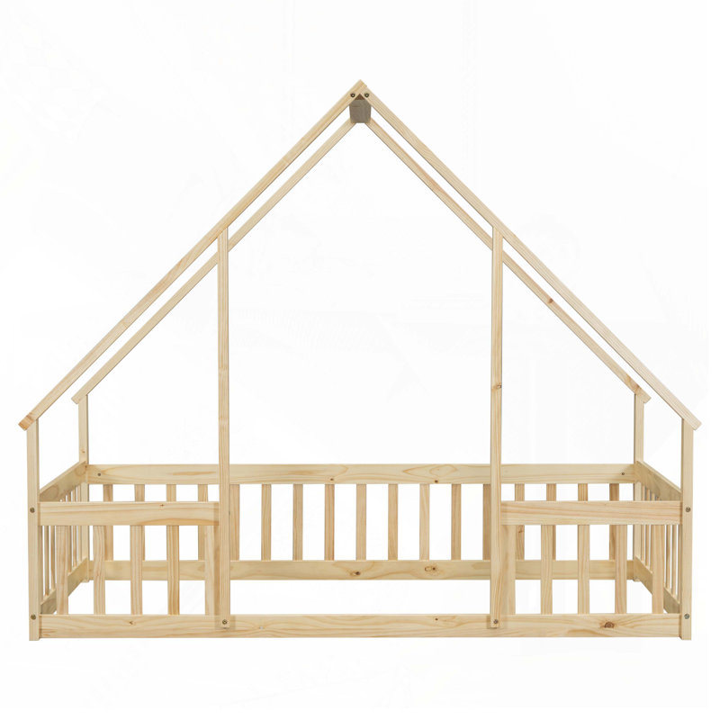 House-Shaped Floor Bed With Fence, Guardrails, Natural, Twin