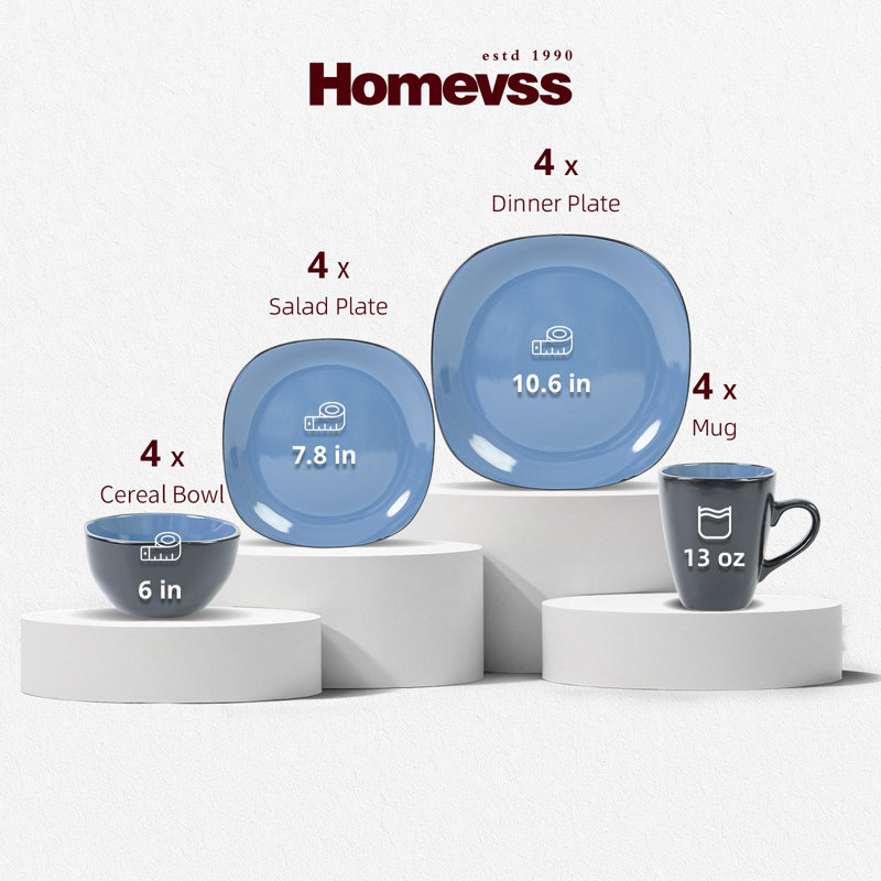 HomeVSS Stoneware 16-Piece Square Dinnerware Set，Service for 4, Blue