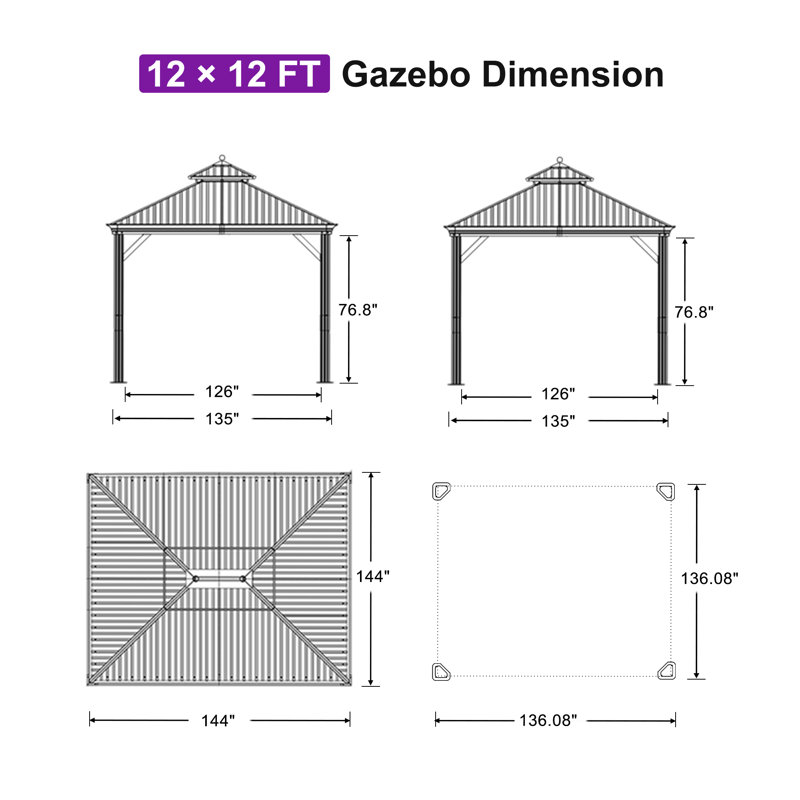 PURPLE LEAF 12' W x 12' D Hardtop Gazebo Canopy for Patio Deck Backyard Heavy Duty Outside Sunshade with Netting and Curtains Outdoor Permanent Metal Pavilion