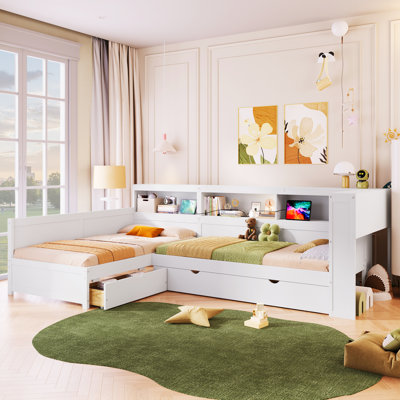 Lit plateforme simple en bois en L avec lit gigogne et tiroir, maximisant l'espace pour les meubles de chambre à coucher