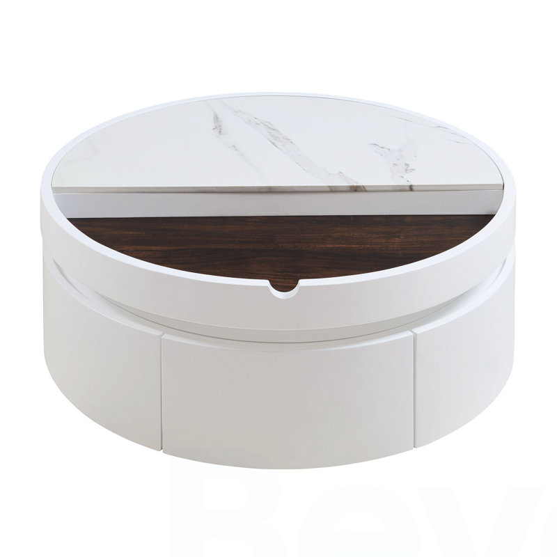 White Round Lift Coffee Table with 1 Drawer in 29.5", Marble and Wood Grain Tabletop