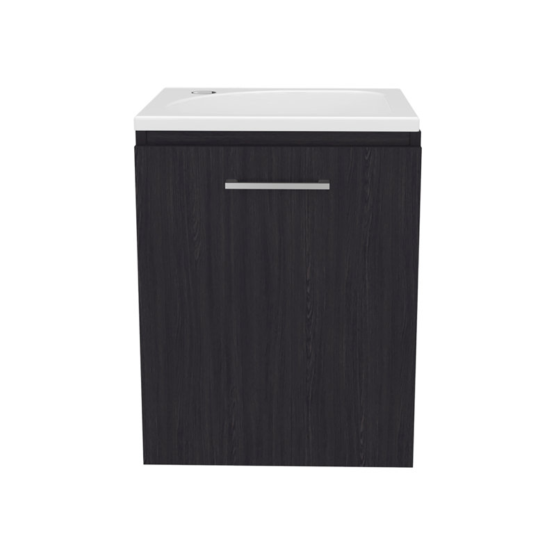 Meuble-lavabo large à une porte Saju, avec lavabo en résine et une tablette, rangement pour salle de bain, noir, Noir