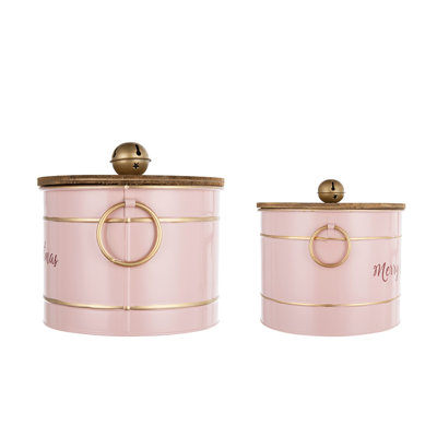 Ensemble de 2 boîtes de rangement Limu, garniture dorée, fer rond rose Merry Christmas