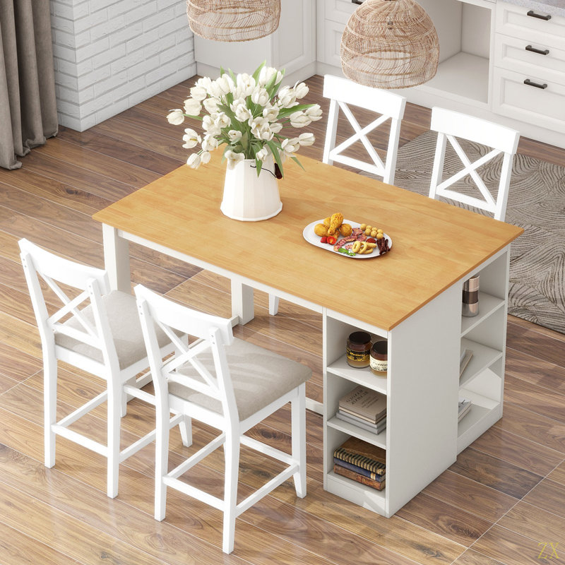 Ensemble de table de salle à manger à hauteur de comptoir en bois massif avec tablettes de rangement à 3 niveaux, chaises de salle à manger rembourrées pour 4, 5 pièces