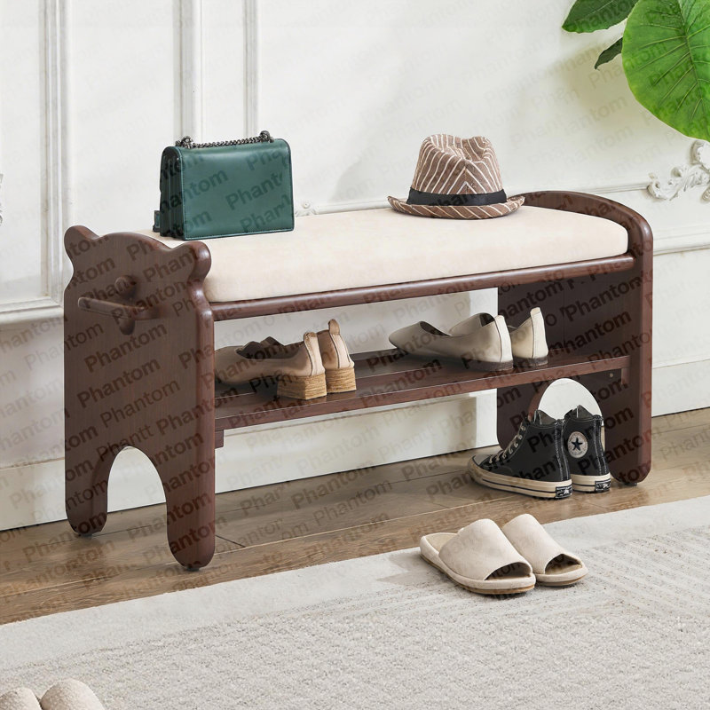 Solid Wood Shoe Bench, 2-Tier Wooden Entryway Bench, Modern Shoe Rack With Faux Leather Cushion For Hallway, Living Room (Walnut, 31.5'')