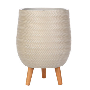 Concrete Effect Planter on Hardwood Legs, Round Indoor Plant Pot Stand for Indoor Plants, Indoor Flower Pot with Plaited Pattern